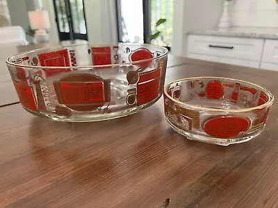 Vintage 1960s Jeanette Glass Red And Gold Chip And Dip Bowls (2) With Recipes On • $48.99