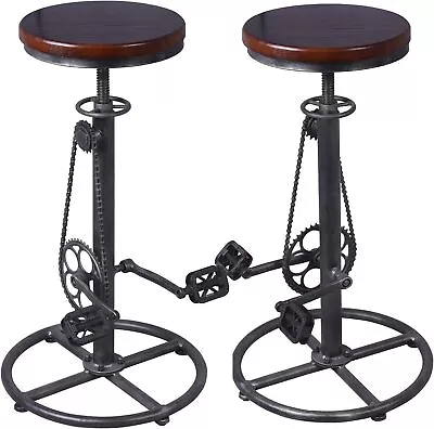 Vintage Bar Stools Set Of 2 Industrial Swivel Wooden Seat Bar Stool Bike Pedal D • $247.93