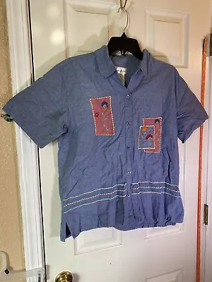 Vintage Bobbie Brooks Women L Top Button Up Embroidered Patched Denim Chambray • $20