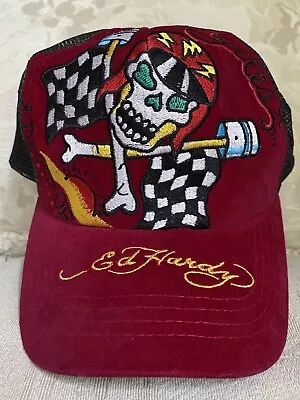 Don Ed Hardy Embroidered Racer Skull Snap Back Cap Hat Felt Vintage Tattoo • $39.95