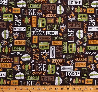 Cotton Camping Campers Lodge Campfires Brown Fabric Print By The Yard D770.92 • $12.95