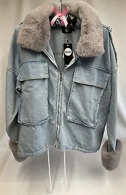 Denim Jacket Ladies Fur Lined Oversized  Detachable Fur Cuff & Collar UK 12 NEW • £24