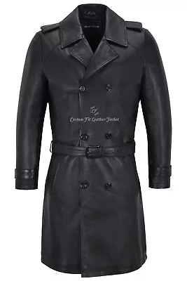 Mens Knee Length Leather Trench Coat Black Lambskin Double Breasted Classic 6970 • £195