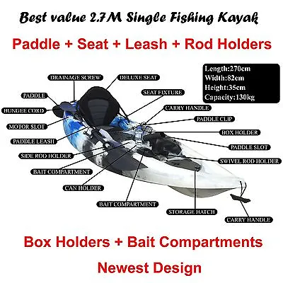$500 • Buy 2.7M Fishing Kayak Single Sit-on Kayak 5 Rod Holders Seat Paddle Blue Black Whit