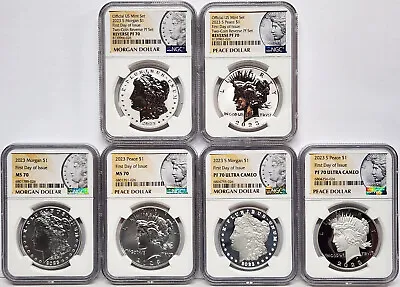 6 Coin Set 2023 Morgan Peace Silver Dollars Ngc Ms Pf Rp 70 First Day Of Issue • $1115