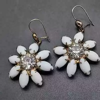 Milk Glass Rhinestone Flower Earrings Vintage 1960s Costume Jewelry • $20