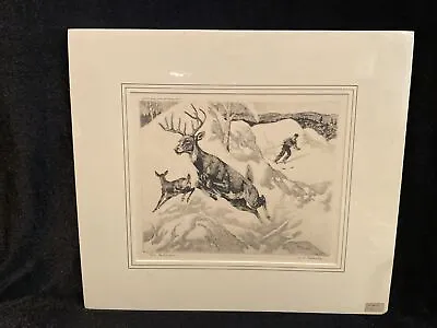 Vintage Mid 20thC R.H. Palenske “The Intruder” Skier & Deer Etching Print • $59.99