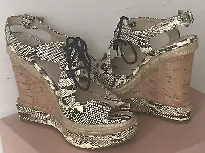 Miu Miu Prada Snake Skin Cork High Heel Espadrille Wedge Sandal Shoes Size 37/4 • £87.80