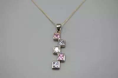 Square Rhinestone Drop Pendant Necklace Sterling Silver 925 MHJ 3.8g 9.25  Pink • $39.99