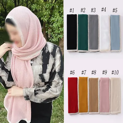 Muslim Hijabs Crinkled Cotton Scarf Soft Shawls Wraps Head Scarves Lace Edge • £11.99
