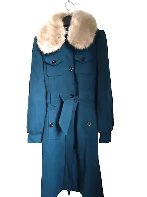 Blue Coat Size 8 Detachable Fur Collar Belted Miss Selfridge • £12.50