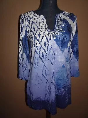 Chico’s Blue White Multi Ikat Prints Beaded Sequins Tunic Top Size 0 (S) 4/6 • $18