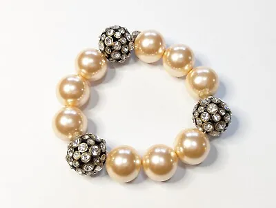 J. Crew Faux Pearl Beaded Rhinestone Ball Stretch Bracelet 3/4  Wide • $17.99