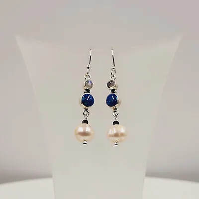 Moonstone Pearl Drop-Earrings Blue Fire Opal  Blue Iolite Semi Precious • £39.95