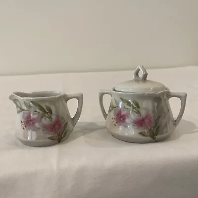 Vintage Leuchtenburg Germany Porcelain Creamer & Sugar  Miniature Pink Lilies • $10