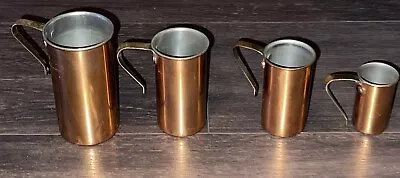 4 Vintage Copper Cups W Brass Handle Measuring Cups Patina Tin Lined • $29.99