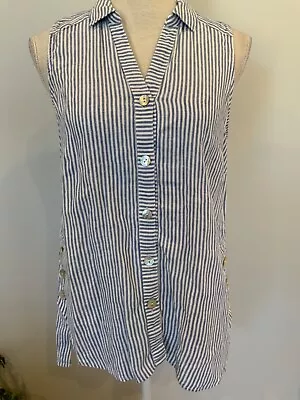 J.JILL Womens Size XS Blue Striped Linen Collared Button Up Sleeveless Shirt NEW • $10.88