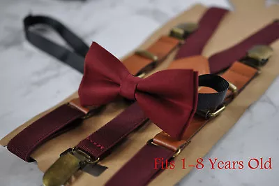 Boy Baby Kids Burgundy Red Cotton Bow Tie + Elastic Leather Suspenders Braces • £11.75