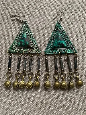 Vintage Earrings Etched Dangle Middle-Eastern Bells Fringe Boho Chandelier Ear  • $30