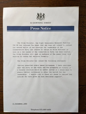 £2.99 • Buy Two Original Press Notices Published When Margaret Thatcher Resigned
