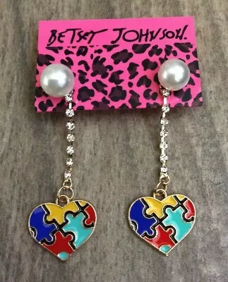 Betsy Johnson Colorful Heart Puzzle Pieces Pierced Pearl Stud Earrings New! • $21.60