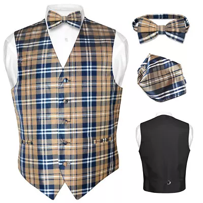 Men's Plaid Design Dress Vest BOWTie Navy BROWN White BOW Tie Hanky Set 3XL • $21.95
