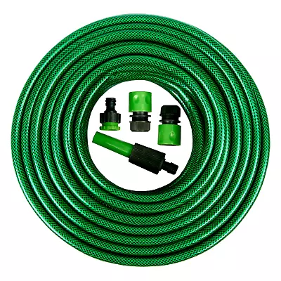 30m Reinforced Garden Hose Pipe Tube With Set Spray Watering Nozzle Set Fittings • £11.95