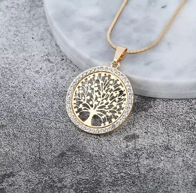 Gold Tree Of Life Round Pendant 42+5cm Necklace With Crystals Chain UK Seller • £4.98