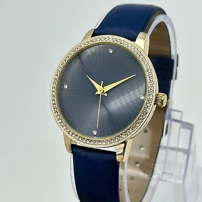 Ladies MANHATTAN By Croton Gold Tone Sunburst Dial Blue Leather Watch Crystals • $19.99