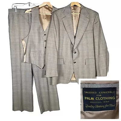 Vintage Palm Clothing 3 Piece Suit 40 41L Jacket Vest Pants 33x30.5 Beige Plaid • $99.99