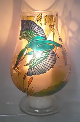 Hand Painted Kingfisher Design Large Glass Candle Holder • £50