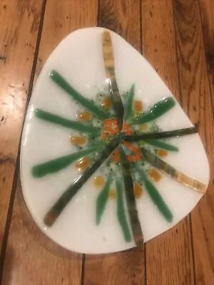 Mid-Century Modern Fused Studio Art Glass Plate - Irregular Shape Green Orange • $19.99