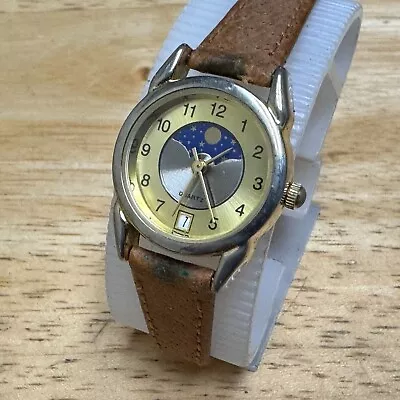 VTG Unbranded Quartz Watch Women Moon Phase Gold Tone Date Leather New Battery • $34.19
