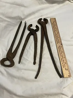 Reduced: Set Of 3 Vintage Handmade Blacksmith Tongs 12 10 And 8”. Preowned • $25