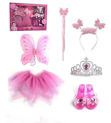 Kids Magical Pink Butterfly Wing Fairy Princess Set Headband Wand Dress Up • £13.99