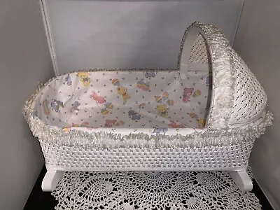 Vintage 1970’s Rocking Doll Cradle White Wicker Badger Toy Basket 18 X11  • $38