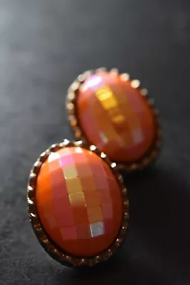 RARE Vintage Faceted Orange Acrylic Cabochon Clip On Earrings | Unsigned • $7.50