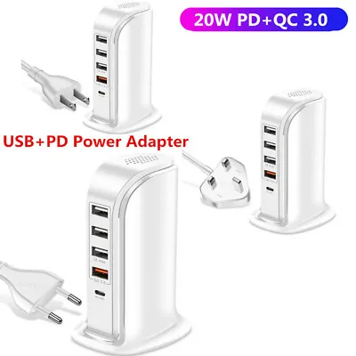 Multi 5 Port PD 20W+QC3.0 USB Type-C Hub Charger Adapter Wall Desktop Stationg • £5.87