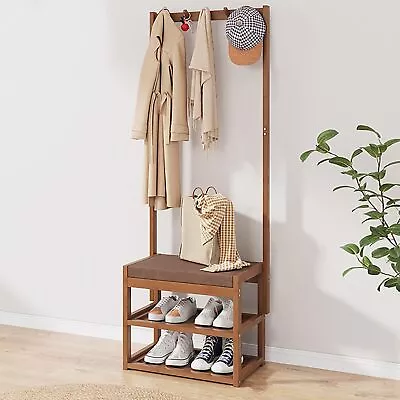 Coat Rack Hall Tree With Shoe Bench For Entryway Bamboo Wood Shoe Rustic Stor... • $66.36