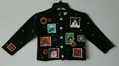 Rare Michael Simon Sweater Jacket Black Christmas Embroidered Appliques Sz 4/5 • $24