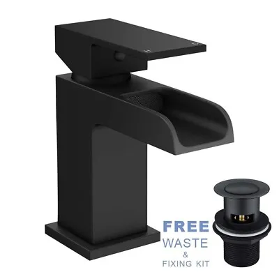 £33.50 • Buy Black Square Waterfall Cloakroom Mini Basin Mixer Tap Sink Mono Bathroom + Waste
