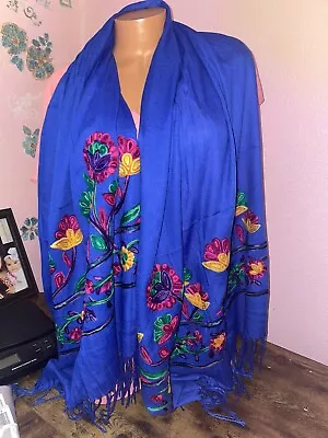 Women’s Blue Embroidered Rebozo (Shawl/ Wrap) Mexico Handmade • $25