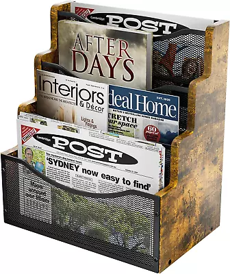 Magazine Holder - Magazine Rack Floor&Wall Mounted Desk Wood And Metal Wire Mesh • $32.06