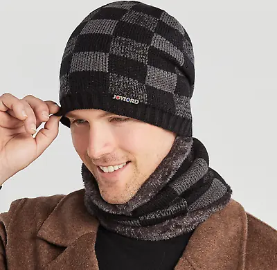 Men Thermal Fleece Knit Hat Snood Scarf Set Tartan Check Hat Scarf Set • £7.99