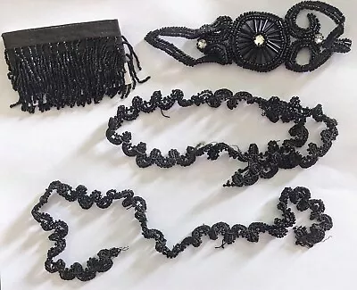 Vintage Misc Lot Of Jet Handmade Beaded Trim Fringe And Applique  • $9