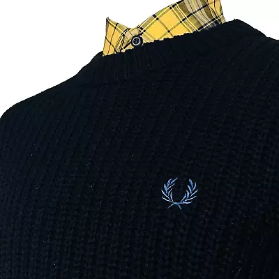 Fred Perry Chunky Knit Crew Neck Jumper - Black - S/M - Ska Mod Scooter Rare • £0.99