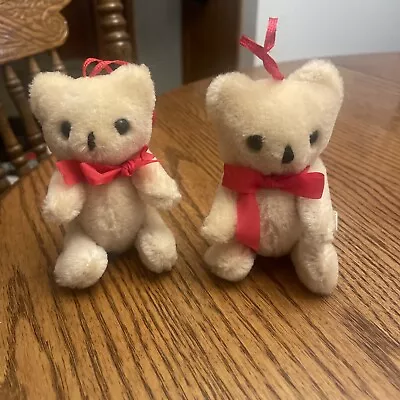 Vintage Mini Teddy Bear Jointed Beige Plush Christmas Ornament  Set Of 2 • $6.95