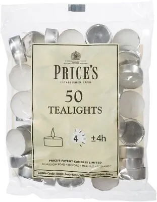 Prices Patent Candles White Tealights Bag Pack Of 50 Wax L X 3.8Cm W X 1.8Cm • £7.74