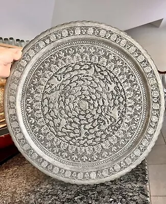 Middle Eastern Silver On Copper Persian 19” Engraved Platter • $200