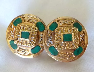 Estate 18K Yellow Gold Medallion Inlay Malachite Earrings - 9.36 Gms 0.60 Inch • $528